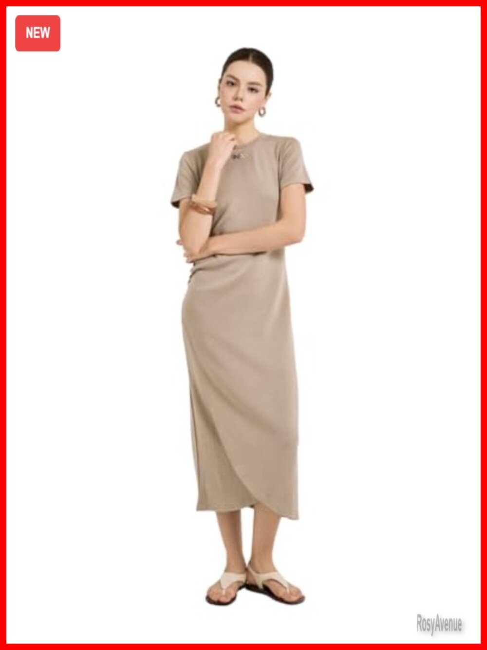 3D Flower Cotton Loose Midi Dress Short Sleeve Crew Neck A-Line Work Casual